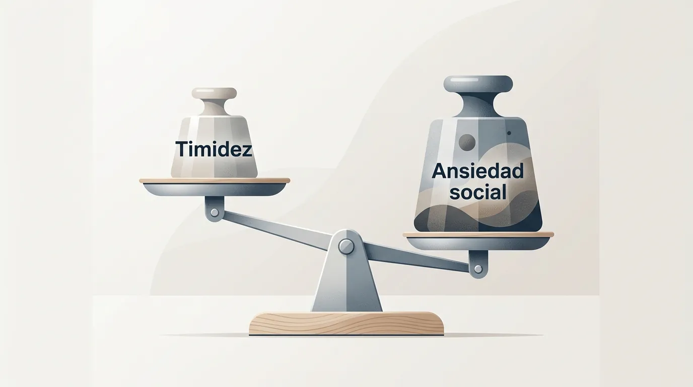 Ilustración conceptual que compara la timidez con la ansiedad social mediante el uso de escalas y pesos visuales.